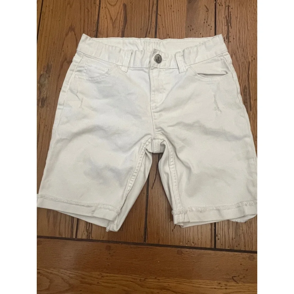 Justice Girls White Denim Bermuda Shorts Size 12 Raw Hem Stretch Cotton Blend